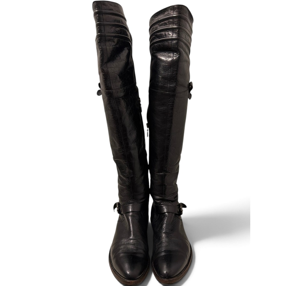 Fabi Black Leather Over The Knee Moto Boots Buckle Detail Made in Italy